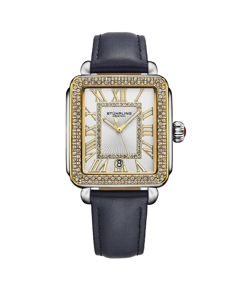Elegant Women s Rectangular 35×47mm Dress Watch – Model 4060L.4, Gold Crystal Bezel, Silver Case, Blue Leather Strap