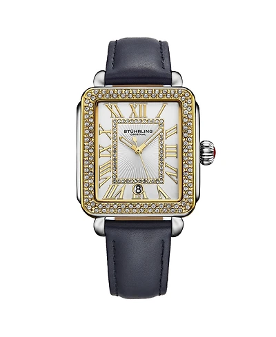 Elegant Women s Rectangular 35×47mm Dress Watch – Model 4060L.4, Gold Crystal Bezel, Silver Case, Blue Leather Strap