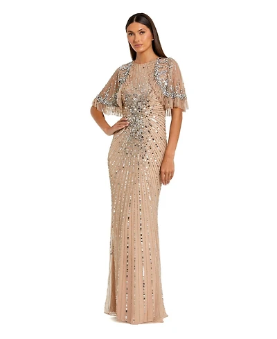 Mac Duggal Women's Fitted Beaded Mesh Gown With Capelet