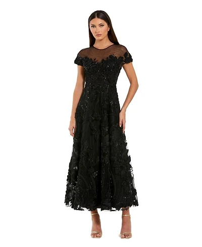 Mac Duggal Women's Embellished Lace Illusion Neck A-Line Midi Dress