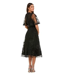 Mac Duggal Women's Flutter Sleeve Embroidered Midi Dress
