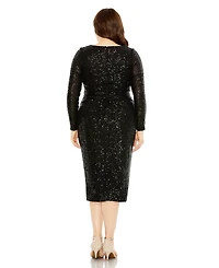 Mac Duggal Women's Plus Size Long Sleeve Sequin Gathered Waist Dress