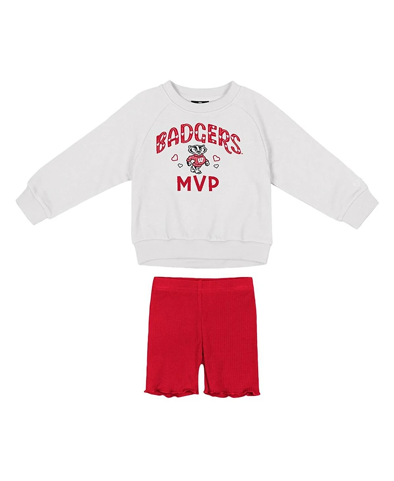 Colosseum Girls Toddler 2-Piece White/Red Wisconsin Badgers Beta Fleece Sweatshirt and Shorts Set