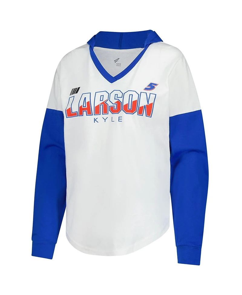 G-iii 4Her by Carl Banks Women's White/Royal Kyle Larson Bench Player Oversized Long Sleeve Hoodie V-Neck T-Shirt