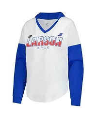 G-iii 4Her by Carl Banks Women's White/Royal Kyle Larson Bench Player Oversized Long Sleeve Hoodie V-Neck T-Shirt
