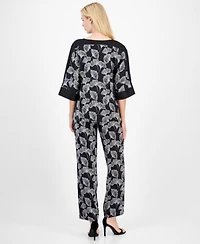 Anne Klein Womens Printed 3 4 Sleeve Boat Neck Top Printed Pull On Wide Leg Pants