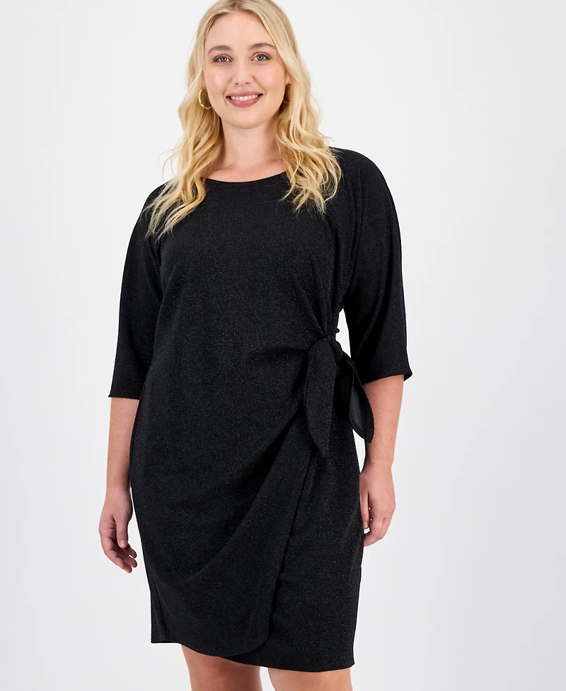 Robbie Bee Plus Glitter-Knit 3/4-Sleeve Sarong Dress