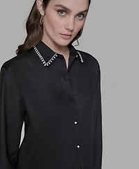 Karl Lagerfeld Paris Women's Collared Long Sleeve Top