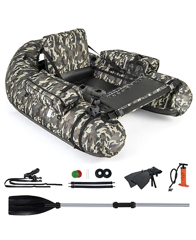 Inflatable Fishing Float Tube with Rod Holder, Fish Ruler, and Storage Pockets