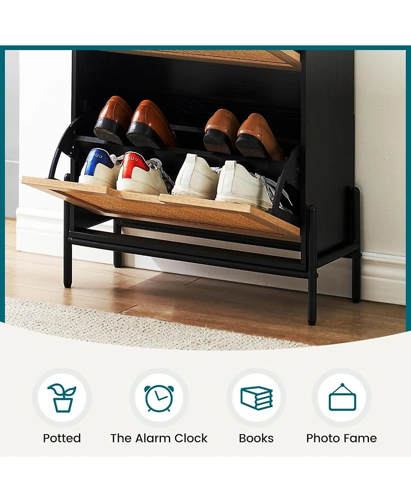 Shoe Storage Cabinet with 2 Flip Doors and Drawers, Rattan Shoe Organizer with Metal Legs and Adjustable Shelf, Freestanding Shoe Rack Cabinet