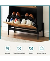 Shoe Storage Cabinet with 2 Flip Doors and Drawers, Rattan Shoe Organizer with Metal Legs and Adjustable Shelf, Freestanding Shoe Rack Cabinet