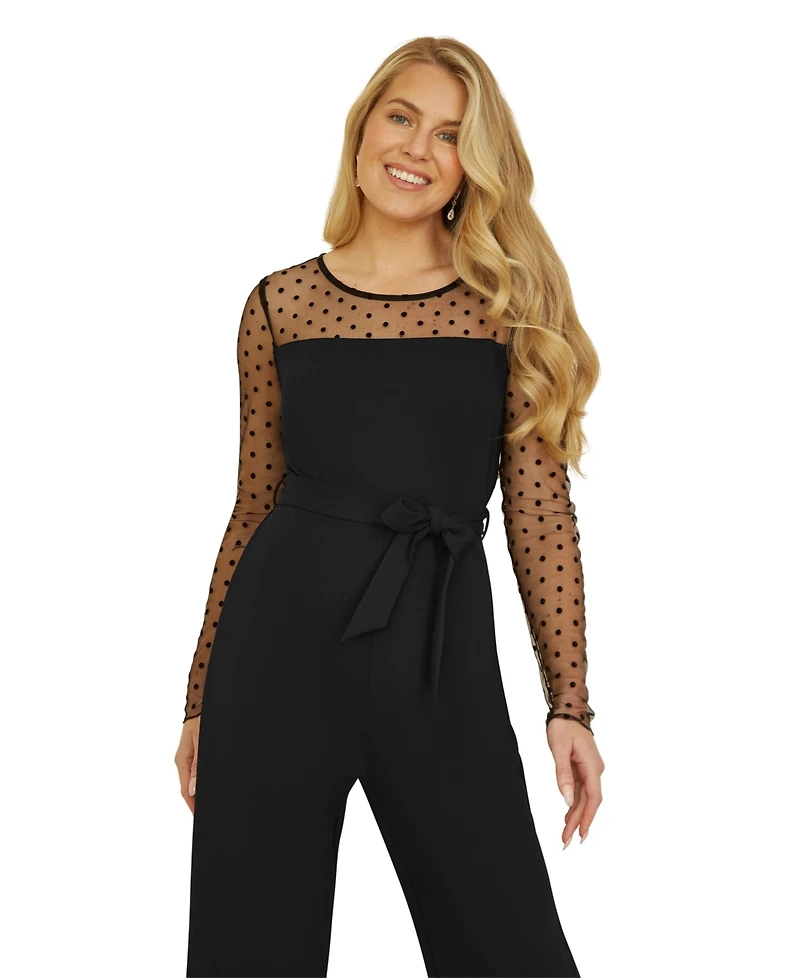 Yumi Women's Black Spot Mesh Stretch Jumpsuit