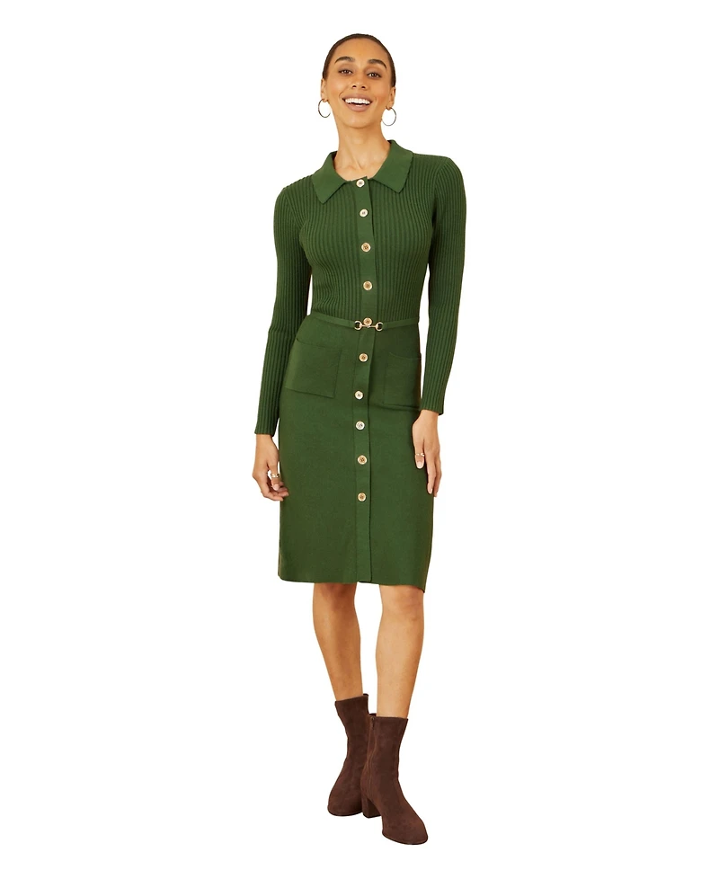 Yumi Women's Belted Rib Knit Midi Dress With Pockets