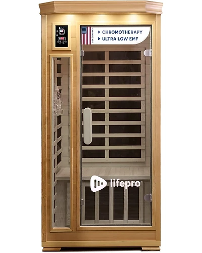 Lifepro Rejuvacure Low-emf 1-Person Infrared Sauna – Indoor Wooden Sauna with Tempered Glass Door, Carbon Fiber Heaters, Chromotherapy & Blueto