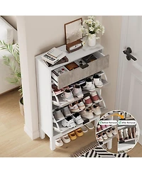 Shoe Storage Cabinet with 2 Flip Drawers,Entrance Wooden Shoe Rack with Iron Legs,Farmhouse Fluted Shoe Organizer for Entryway,Hallway,Foyer,Black+Oak