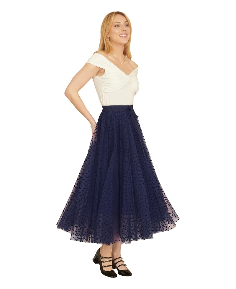 Yumi Women's Mesh Heart Print Tulle Skirt