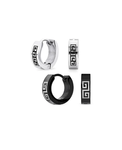Bling Jewelry Set of 2 Greek Key Pattern Hoop Huggie Earrings Black Silver Stainless Steel