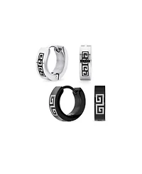 Bling Jewelry Set of 2 Greek Key Pattern Hoop Huggie Earrings Black Silver Stainless Steel
