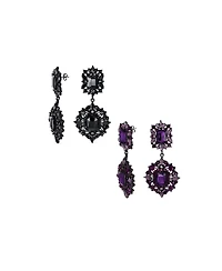 Bling Jewelry Set of 2 Big Crystal Art Deco Purple and Black Dangle Earrings Black Plated