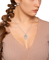 Macy's 2-Pc. Cultured Freshwater Pearl (7-8mm) and Lab Created White Sapphire Earring and Bow Pendant Necklace (0.309 ct. t.w.) Set in Sterling Silver