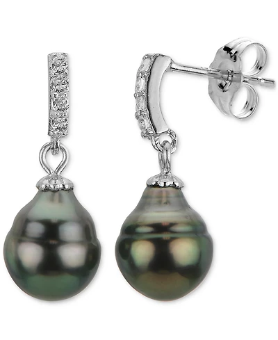 Macy's Cultured Tahitian Pearl (8-9mm) and Lab Created White Sapphire (0.152 ct. t.w.) Drop Earrings in Sterling Silver