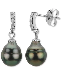Macy's Cultured Tahitian Pearl (8-9mm) and Lab Created White Sapphire (0.152 ct. t.w.) Drop Earrings in Sterling Silver