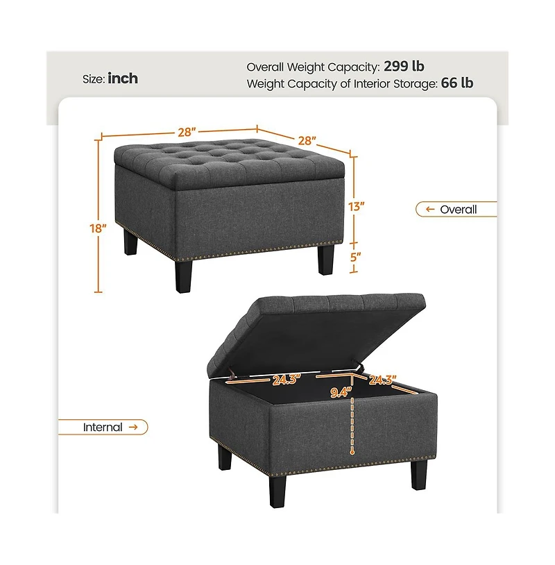 Button-Tufted 50-inch Ottoman Entryway Bench Footstool Bench Dark Gray