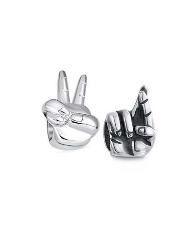 Bling Jewelry Set of 2 Hippie Peace & Good Luck Hand Sign Fingers Crossed Charm Bead Sterling Silver for Bracelets