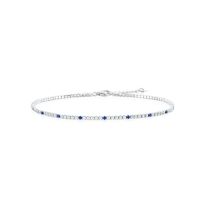 Sterling Silver, Round Cz Tennis Anklet - Sapphire