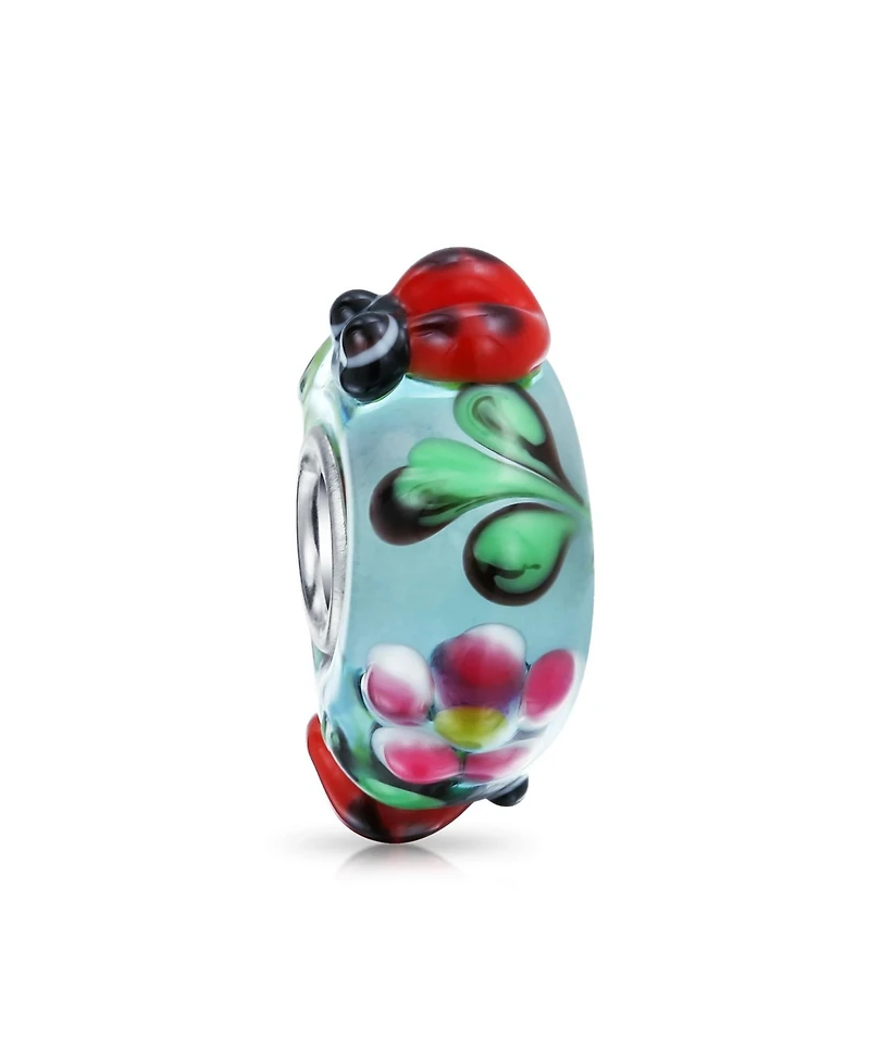 Bling Jewelry Set of 2 Bee & Ladybug Flower Murano Glass Charm Bead Sterling Silver