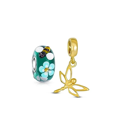 Bling Jewelry Set of 2 Dragonfly Firefly Butterfly Gold Plated Dangle & Teal Silver Bee Flower Glass Spacer Charm Bead Sterling Silver