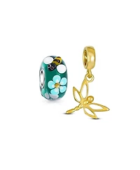 Bling Jewelry Set of 2 Dragonfly Firefly Butterfly Gold Plated Dangle & Teal Silver Bee Flower Glass Spacer Charm Bead Sterling Silver