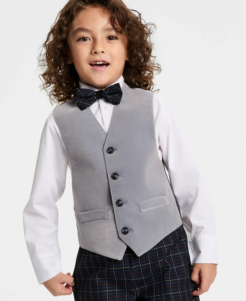 Nautica Toddler & Little Boys Grey Velvet Vest, Shirt, Bow Tie Plaid Pants Set