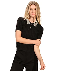 Isaac Mizrahi Women's Cable Crystal Polo Top