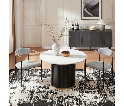 Morden Fort Modern Faux Marble Dining Room Set With 47" Round Table And 2 Boucle Armchairs for Kitchen Dinner