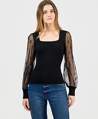 Madden Girl Juniors' Square-Neck Bow-Mesh Sleeve Top