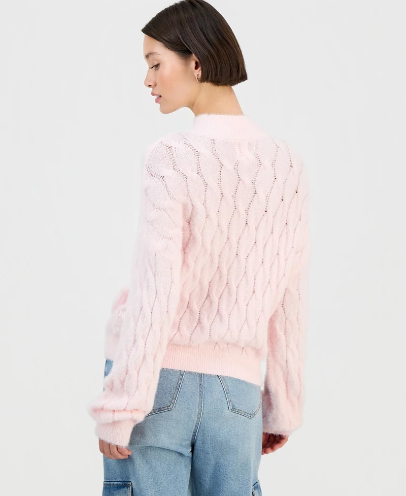 Hippie Rose Juniors' Mock-Neck Eyelash-Cable Knit Sweater