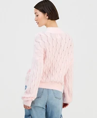Hippie Rose Juniors' Mock-Neck Eyelash-Cable Knit Sweater