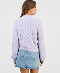 Hippie Rose Juniors' Mock-Neck Eyelash-Cable Knit Sweater