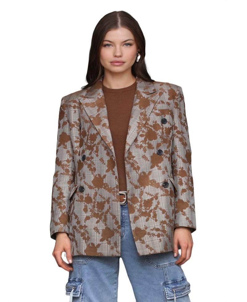 Avec Les Filles Women's Long Sleeves Plaid Floral Blazer