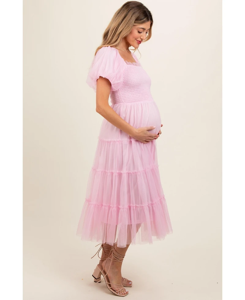 Pinkblush Maternity Light Pink Smocked Tiered Tulle Midi Dress