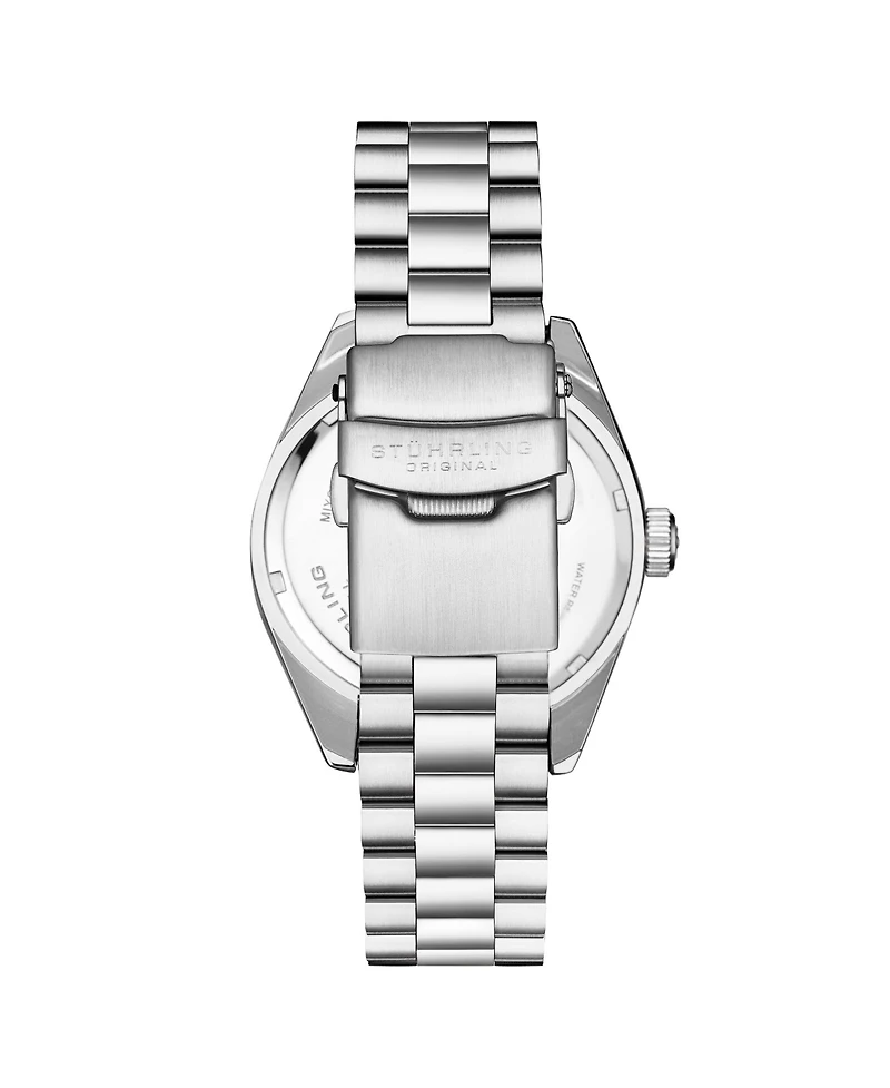 Stuhrling Statesman 4070 Men s Watch – Stainless Steel Bracelet, Blue Dial, Day-Date Quartz, 42mm Fluted Bezel