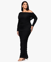 Betsy & Adam Plus Long Ruched Mesh Dress