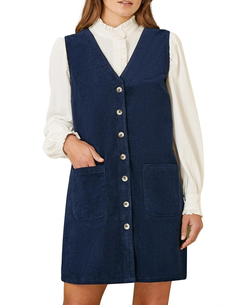 Yumi Women's Cord Button Through Pinafore Dress
