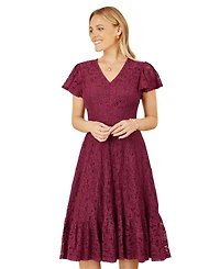 Yumi Women's Short Sleeve Lace Midi Skater Dress