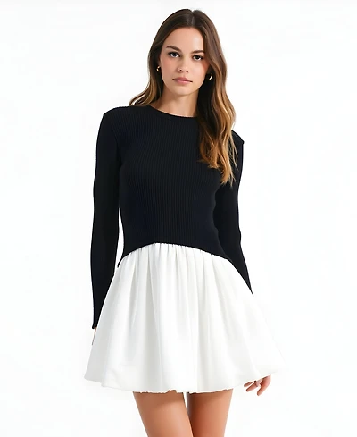 Modenaire Women's Ribbed Long-Sleeve Fit-and-Flare Mini Dress