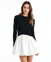 Modenaire Women's Ribbed Long-Sleeve Fit-and-Flare Mini Dress