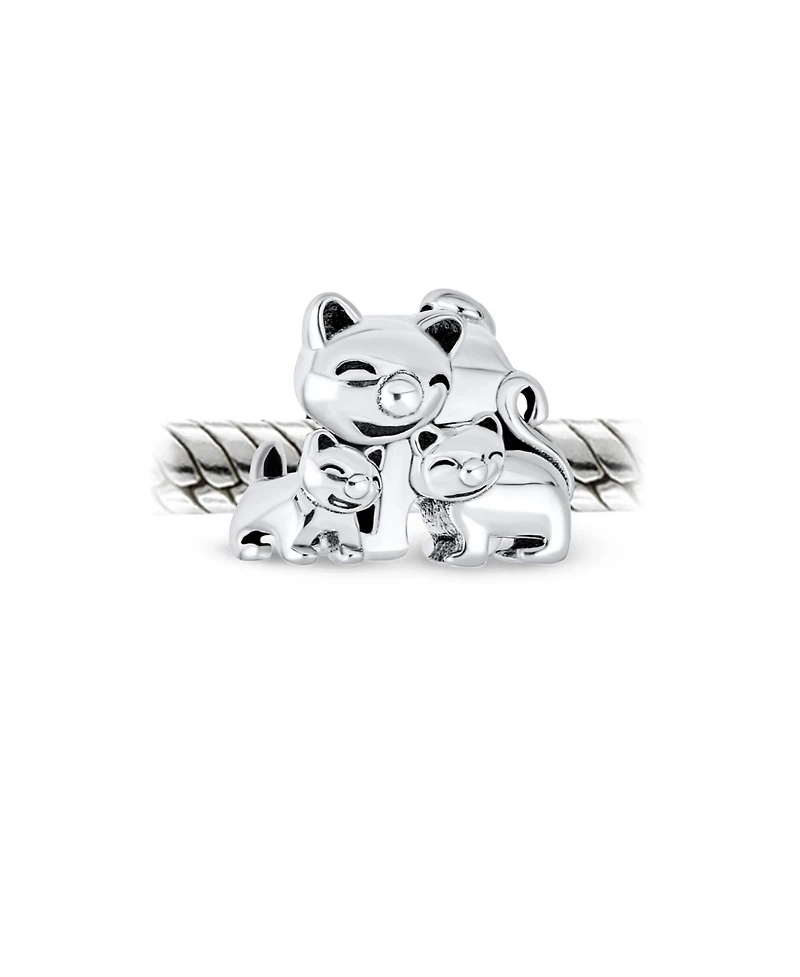 Bling Jewelry Set of 2 Mommy Cat & Kittens Family & I Love My Cat Round Charm Bead Sterling Silver