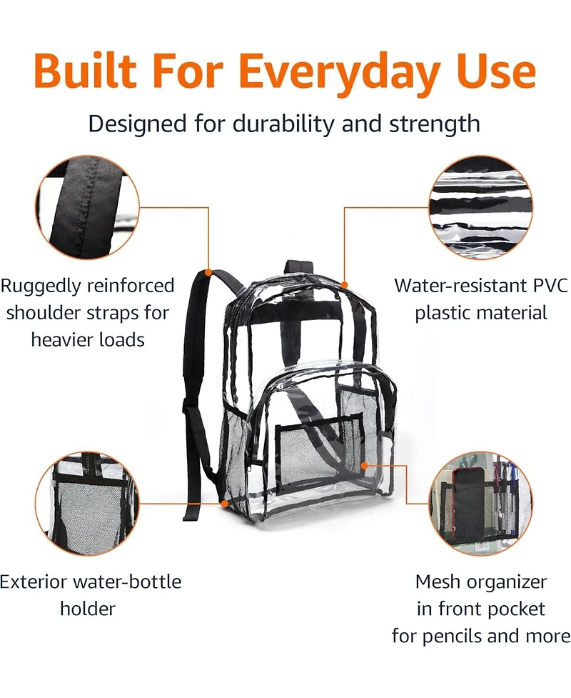 Basics Transparent School Backpack, With Water-Resistant Pvc Plastic Material and Ruggedly Reinforced Shoulder Straps, Clear