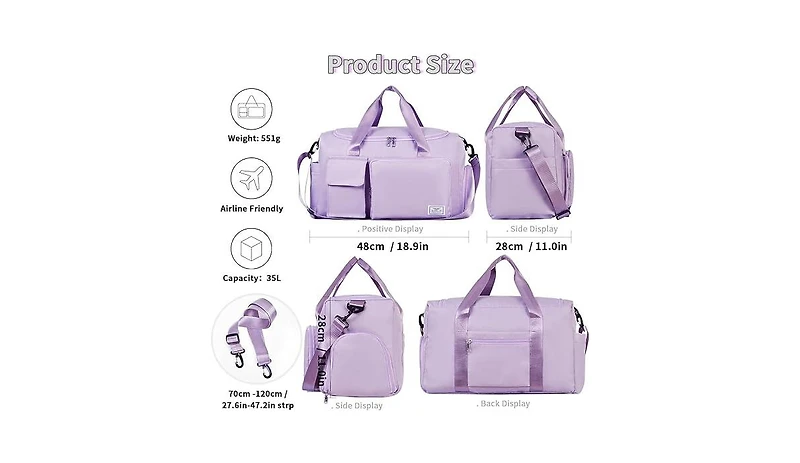 Women's Gym Duffle Bag with Shoes Compartment, 37L Capacity, Ideal for Travel, Gym, Sports, Duffel, Weekender